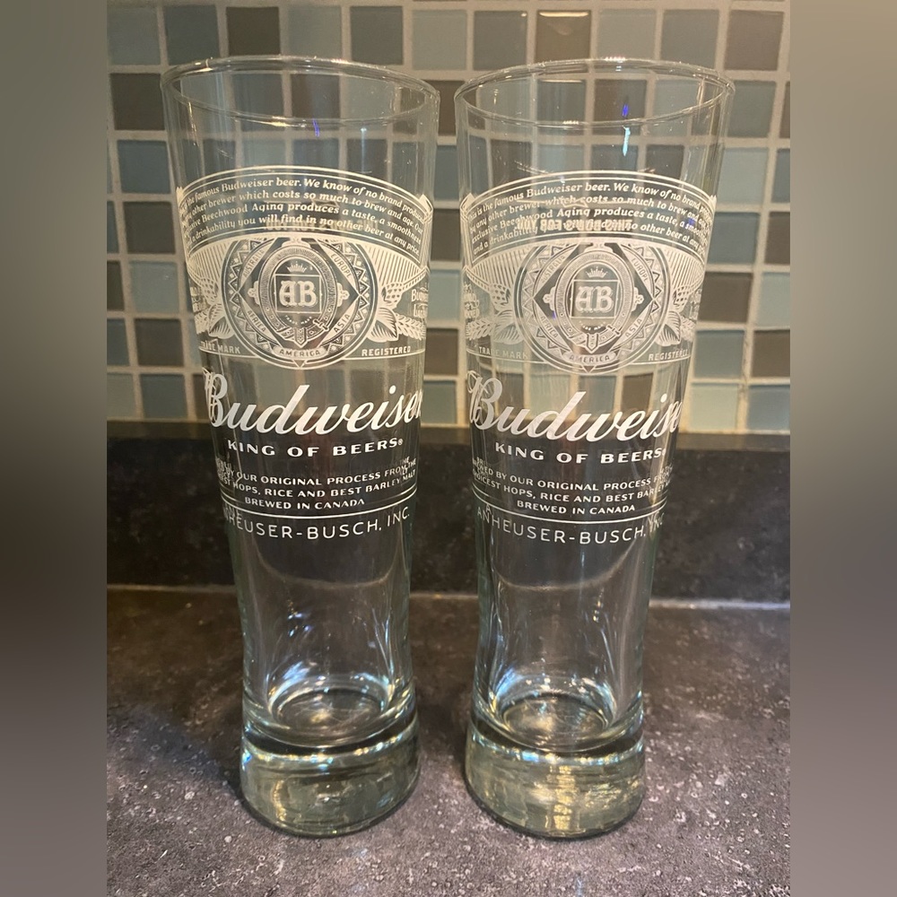 2 tall Budweiser beer glasses